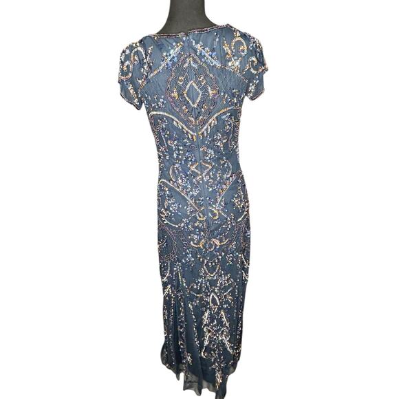 Pisarro Nights Embellished Beaded Maxi Dress Sz 2 Navy Formal Wedding Mesh Gown - Picture 5 of 8